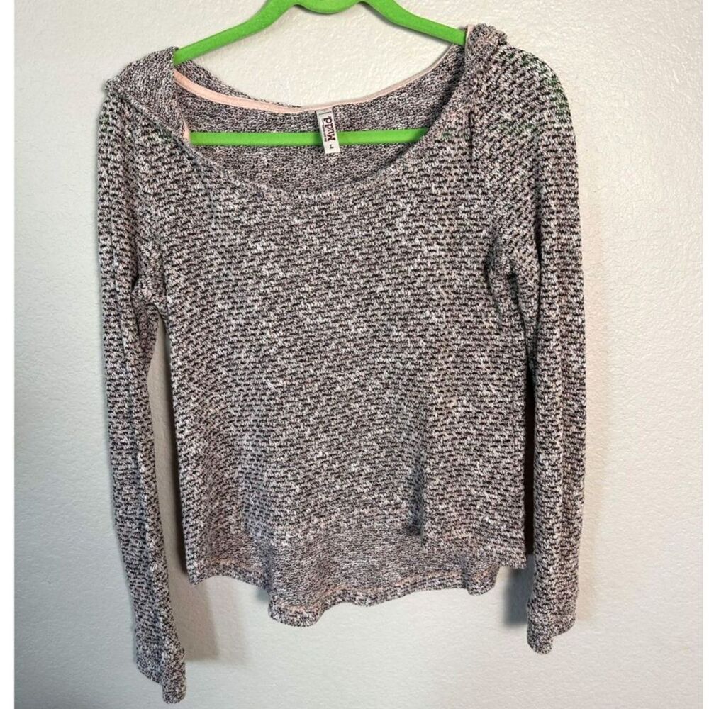 Mudd Space Dye Knit Hoodie Sweater Size L Gray Pink Marled Pullover High Low